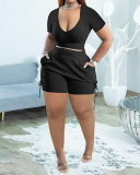 Women Short Sleeve Strappy Solid Color Short Sets Two Pieces Outfit Orange Grey Black S-2XL
