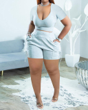 Women Short Sleeve Strappy Solid Color Short Sets Two Pieces Outfit Orange Grey Black S-2XL