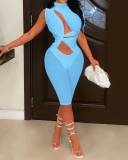 Woman's Sleeveless Solid Color High Neck Strappy Hollow Out Fashion Mesh Rompers Yellow Black White Pink Light Blue Purple S-2XL