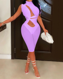 Woman's Sleeveless Solid Color High Neck Strappy Hollow Out Fashion Mesh Rompers Yellow Black White Pink Light Blue Purple S-2XL
