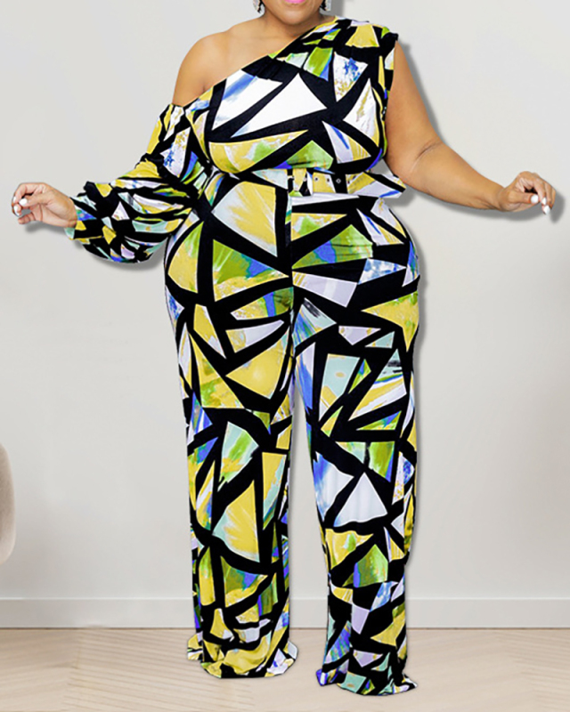 Women One Sleeve Slash Neck Fashion Colorblock Plus Size Jumpsuit Black Purple Yellow Blue S-5XL