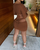 Women Long Sleeve Solid Color Hollow Out Skirt Sets Two Pieces Outfit Pink Brown S-XL