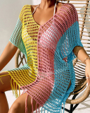 Women V-neck Hollow Out Knit Colorblock Beach Dresses Red Pink Blue One Size