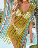 Women V-neck Hollow Out Mesh Colorblock Beach Skirts White Green One Size