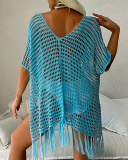 Women Loose Colorblock Solid Color Hollow Out Knit Beach Cover Tassel Dress Brown Black Blue One Size