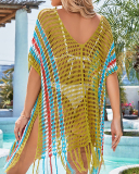 Women V-neck Hollow Out Mesh Colorblock Beach Skirts White Green One Size