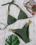 Women Solid Color Halter Neck Chain Two-piece Swimsuit S-L