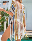 Women V-neck Hollow Out Mesh Colorblock Beach Skirts White Green One Size