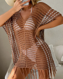 Women Loose Colorblock Solid Color Hollow Out Knit Beach Cover Tassel Dress Brown Black Blue One Size