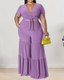 Summer Womans Short Sleeve Solid Color V-neck Crop Top Long Pants Suits Plus Size Two Piece Sets Yellow Purple Black Rosy Green Blue XL-5XL