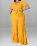 Summer Womans Short Sleeve Solid Color V-neck Crop Top Long Pants Suits Plus Size Two Piece Sets Yellow Purple Black Rosy Green Blue XL-5XL
