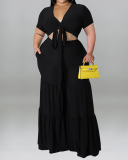 Summer Womans Short Sleeve Solid Color V-neck Crop Top Long Pants Suits Plus Size Two Piece Sets Yellow Purple Black Rosy Green Blue XL-5XL