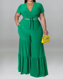 Summer Womans Short Sleeve Solid Color V-neck Crop Top Long Pants Suits Plus Size Two Piece Sets Yellow Purple Black Rosy Green Blue XL-5XL