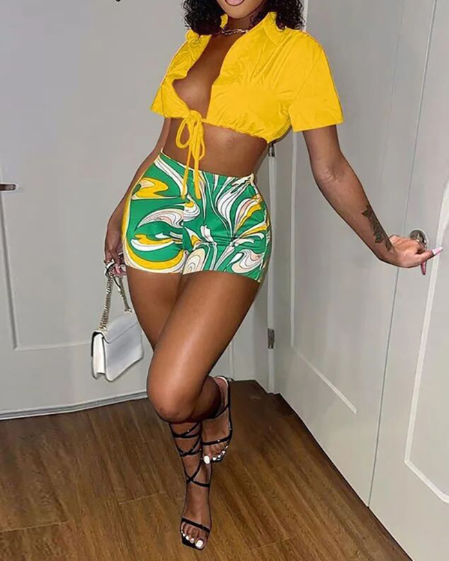 Women Short Sleeve Print Crop Top Short Sets Two Pieces Outfit White Pink Yellow Green S-2XL