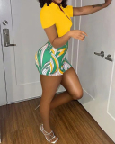 Women Short Sleeve Print Crop Top Short Sets Two Pieces Outfit White Pink Yellow Green S-2XL