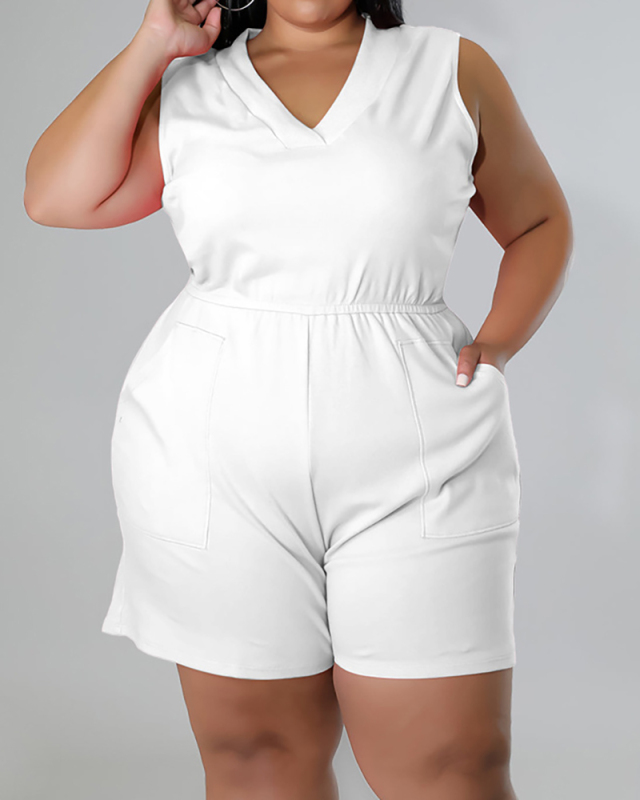 Woman High Waist V-neck Sleeveless Pocket Plus Size Romper White Pink Black L-4XL