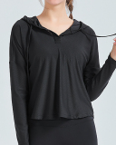 Women Long Sleeve Hoodies Solid Color Loose Yoga Tops Black White Pink S-L