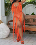 Solid Color Summer Beach Hollow Out Mesh Knit Tassel Rompers White Black Army Green Orange S-2XL