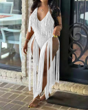 Solid Color Summer Beach Hollow Out Mesh Knit Tassel Rompers White Black Army Green Orange S-2XL