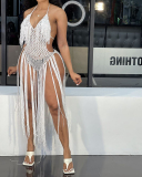 Fashion Solid Color Mesh Hollow Out Sexy Halter Neck Knit Beach Dress Rompers Orange White Black S-2XL