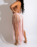 Fashion Solid Color Mesh Hollow Out Sexy Halter Neck Knit Beach Dress Rompers Orange White Black S-2XL