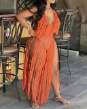 Solid Color Summer Beach Hollow Out Mesh Knit Tassel Rompers White Black Army Green Orange S-2XL