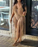 Solid Color Summer Beach Hollow Out Mesh Knit Tassel Rompers White Black Army Green Orange S-2XL