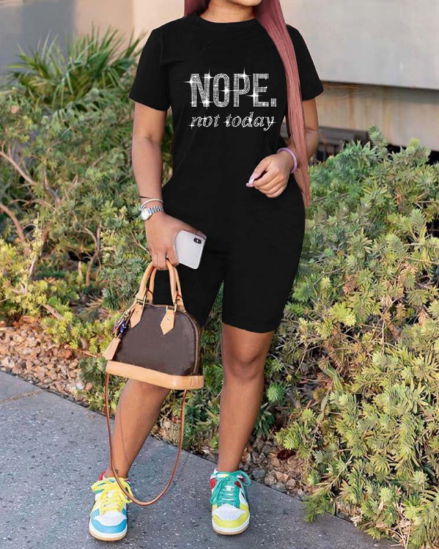 Women Nope Printed Short Sleeve Rompers Black S-XL