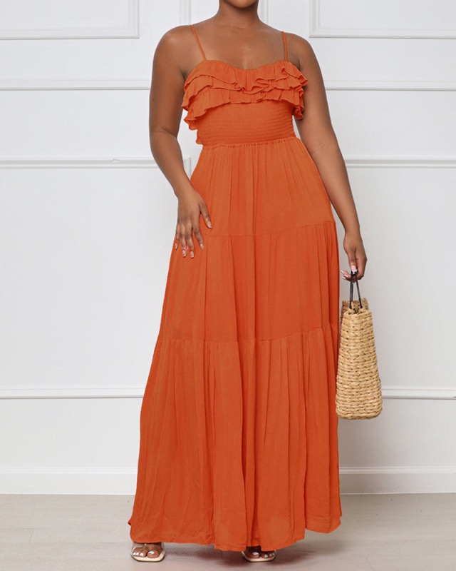 Women Strap Solid Color Ruched Backless Fashion Maxi Dresses Pink Orange Purple Blue S-XL