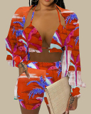 Women Summer Beach Wear Shirt Top Bra & Short Sets Three Pieces Outfit Blue Gold Red S-2XL