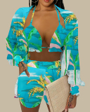 Women Summer Beach Wear Shirt Top Bra & Short Sets Three Pieces Outfit Blue Gold Red S-2XL