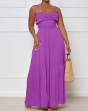 Women Strap Solid Color Ruched Backless Fashion Maxi Dresses Pink Orange Purple Blue S-XL