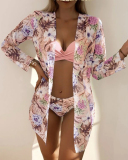 Florals Print Sexy High Waist Cover Up Three-piece Swimsuit Green Pink Blue Orange S-XL