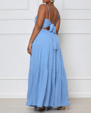 Women Strap Solid Color Ruched Backless Fashion Maxi Dresses Pink Orange Purple Blue S-XL