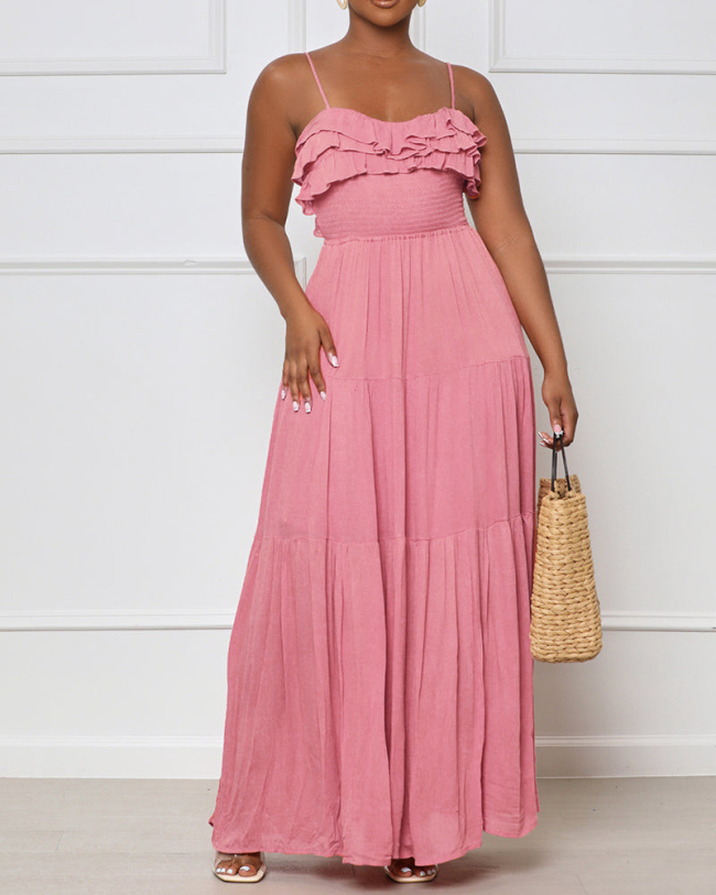 Women Strap Solid Color Ruched Backless Fashion Maxi Dresses Pink Orange Purple Blue S-XL