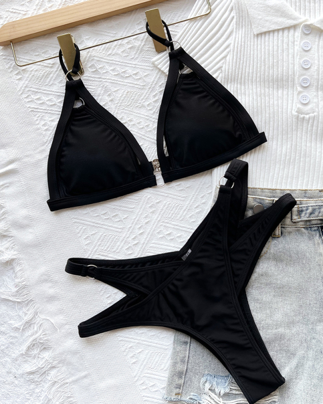 Women Sexy Hollow Out Bikini Sexy Black Two-piece Swimsuit S-L