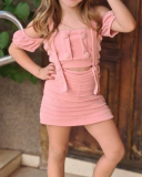 Fashion Off Shoulder Ruched Cute Button Design Kids Clothes Two Pieces Set Green Pink Rosy 90cm-130cm