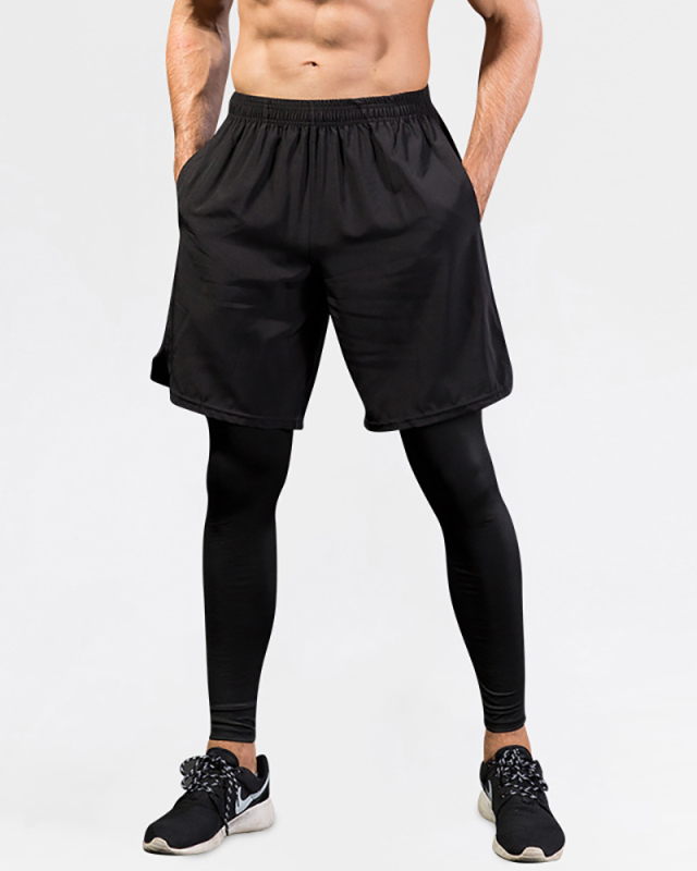Men's Sports Wear Casual Quick Dry Fake Two Piece Shorts Pants Black Gray S-2XL