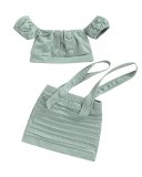 Fashion Off Shoulder Ruched Cute Button Design Kids Clothes Two Pieces Set Green Pink Rosy 90cm-130cm