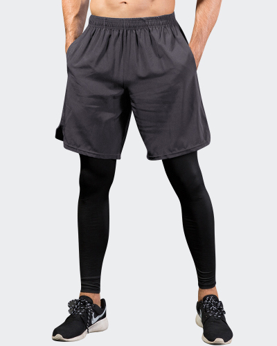 Men's Sports Wear Casual Quick Dry Fake Two Piece Shorts Pants Black Gray S-2XL
