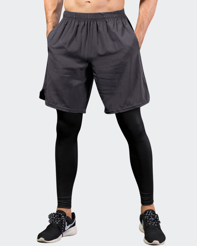 Men's Sports Wear Casual Quick Dry Fake Two Piece Shorts Pants Black Gray S-2XL