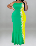 Women Colorblock Strap Fashion Plus Size Dresses Red Gray Green Blue S-5XL