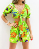 V-neck Wholesale Women Printed Summer Two Piece Short Set S-2XL