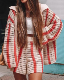Women Long Sleeve Button Stripe Lapel Cardigan Sweater Short Sets Two Pieces Outfit Red Blue Green Apricot M-2XL