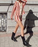 Women Long Sleeve Button Stripe Lapel Cardigan Sweater Short Sets Two Pieces Outfit Red Blue Green Apricot M-2XL