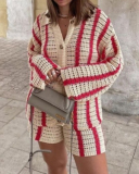 Women Long Sleeve Button Stripe Lapel Cardigan Sweater Short Sets Two Pieces Outfit Red Blue Green Apricot M-2XL