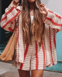 Women Long Sleeve Button Stripe Lapel Cardigan Sweater Short Sets Two Pieces Outfit Red Blue Green Apricot M-2XL