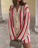 Women Long Sleeve Button Stripe Lapel Cardigan Sweater Short Sets Two Pieces Outfit Red Blue Green Apricot M-2XL