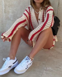 Women Long Sleeve Button Stripe Lapel Cardigan Sweater Short Sets Two Pieces Outfit Red Blue Green Apricot M-2XL