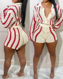 Women Long Sleeve Button Stripe Lapel Cardigan Sweater Short Sets Two Pieces Outfit Red Blue Green Apricot M-2XL